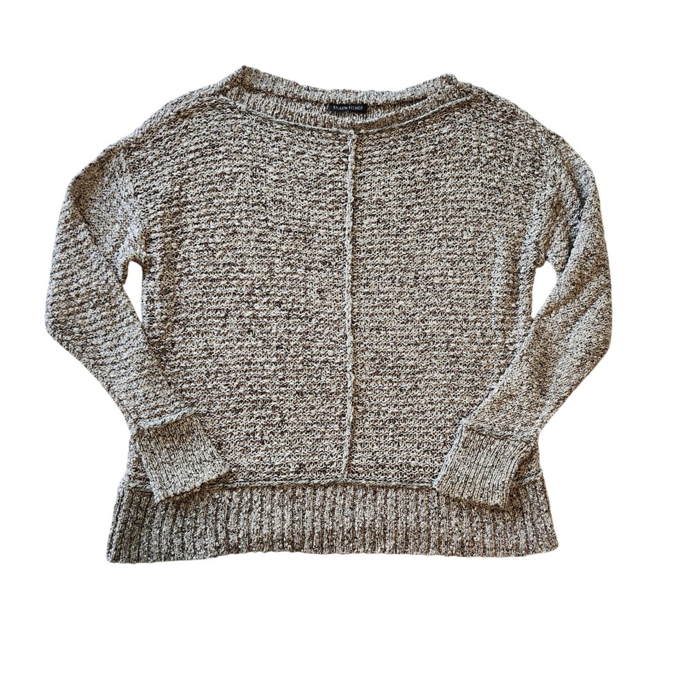 Eileen Fisher Womens black cream Marled 100% Cotton Chunky Knit Sweater Medium